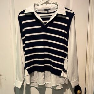 Adrianna Papell Navy & White Striped Layered V-Neck Twofer Sweater